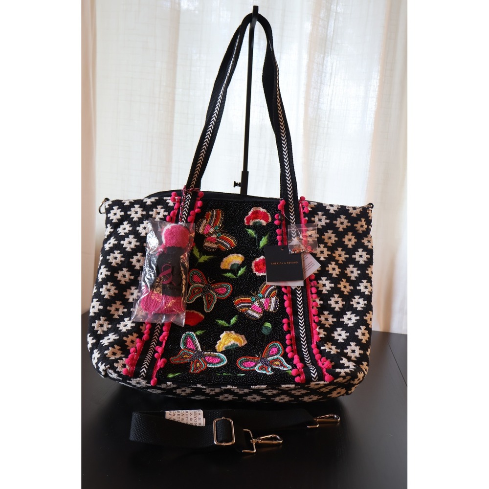 America & Beyond QVC Midnight Butterflies Beaded Tote Set NWT